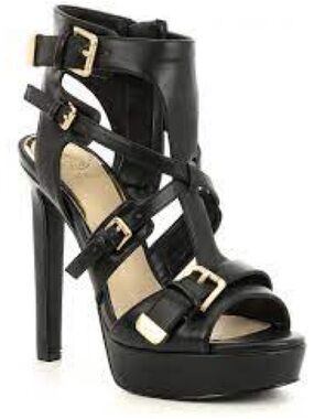 Guess | Black Strappy Platform Stiletto Sandals with Gold Buckles | 8.5 | NIB